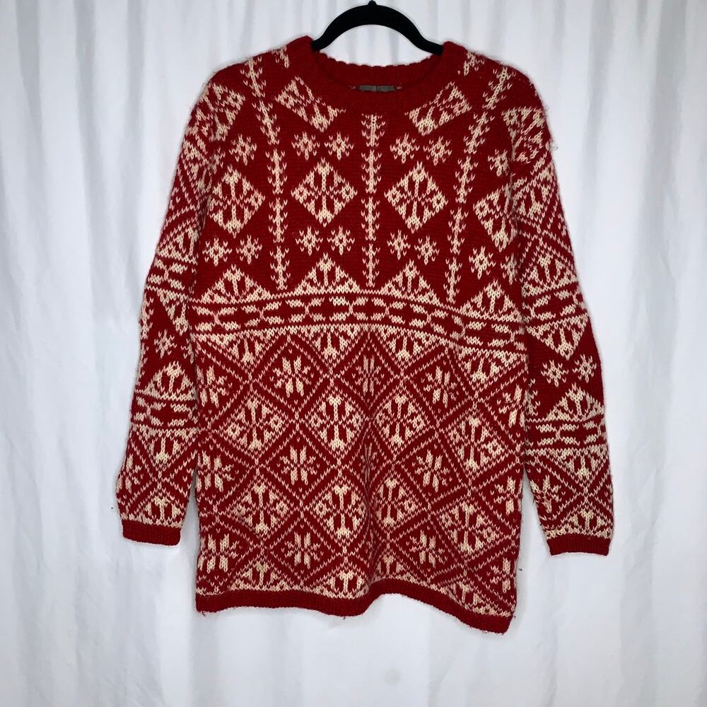 Squaw Valley Men's Sweater Heavy Knit Crew Neck Nordic 100% Wool Red - M